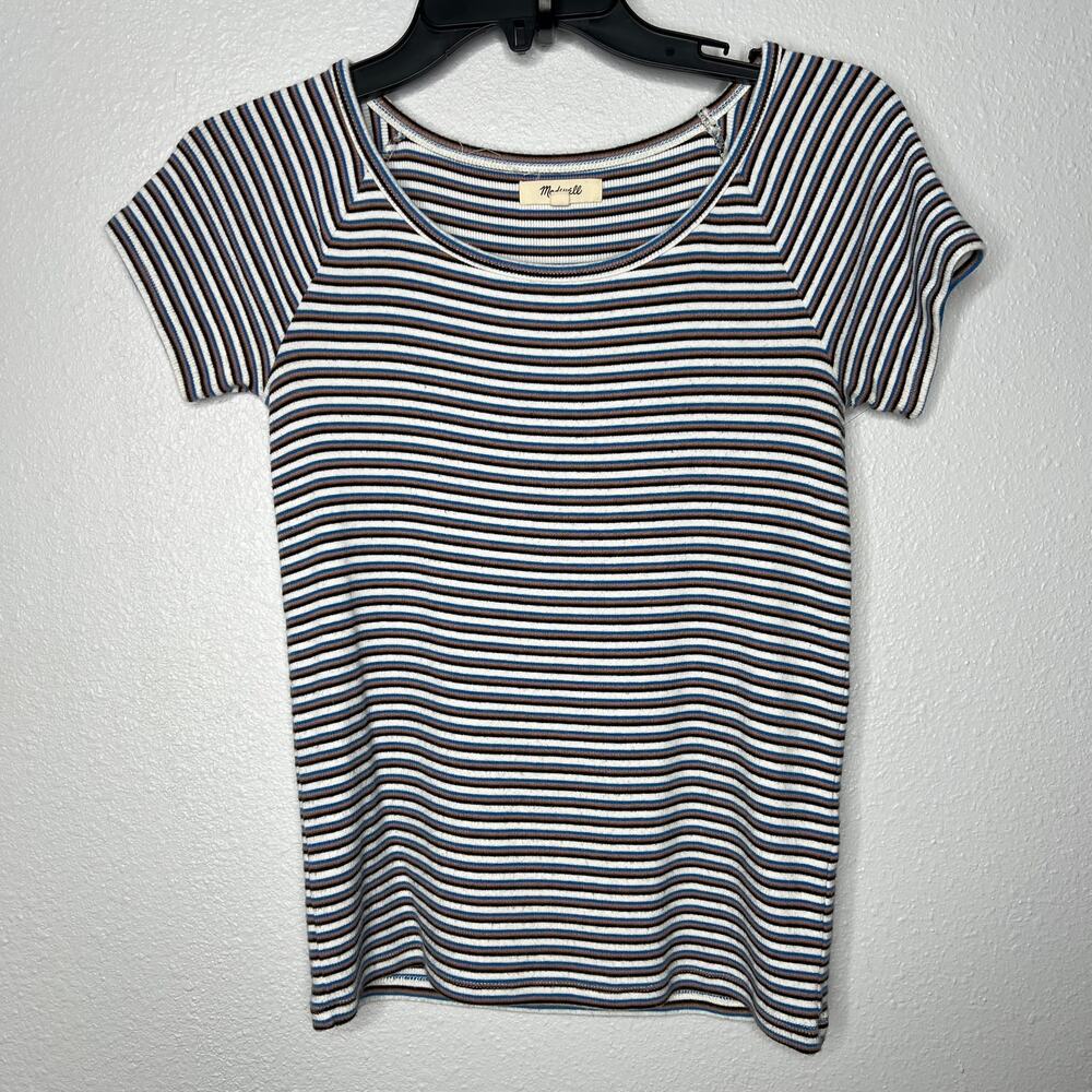 Madewell Blue White Blouse Stripe Pullover Round Neck Short Sleeve Women's Sz S